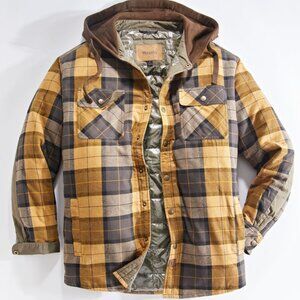 Mens Quilt Lined Flannel Shirt Jacket w/Hood Amber | Medium